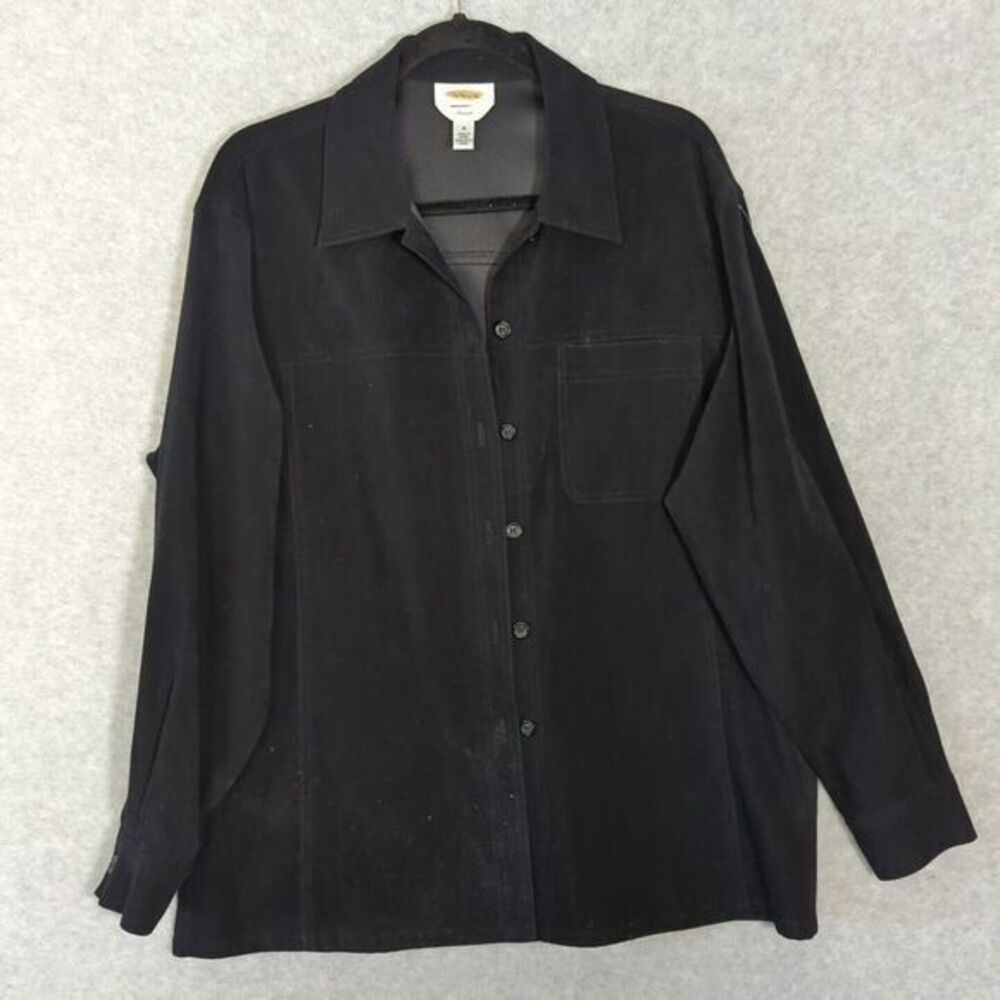 VTG Talbots Button Up Western Shirt Black Faux Suede Stretch Long Sleeves Medium